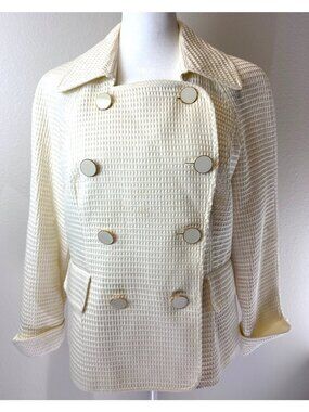 Talbots Double-Breasted Waffle-Knit Cream Jacket 10P Gold Buttons Lined Elegant